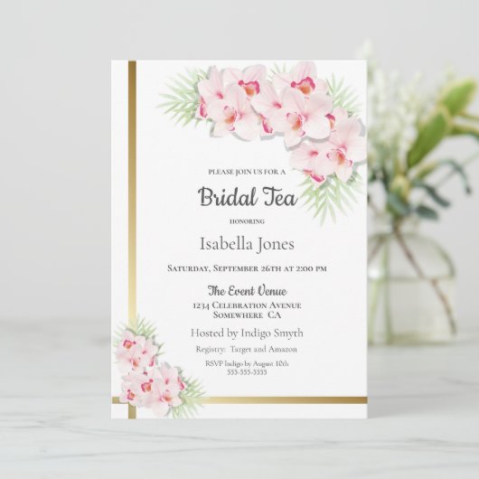 Elegante roze orchidee bruids thee kaart (Staand voorkant)