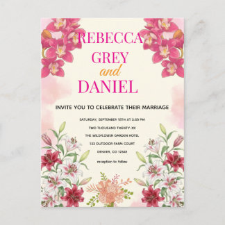 Elegante Roze Orchidee en Lelie Bloemen Uitnodigin Briefkaart