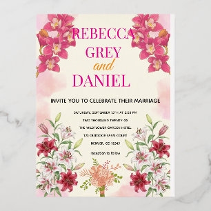 Elegante Roze Orchidee en Lelie Bloemige Uitnodigi Folie Uitnodiging Briefkaart