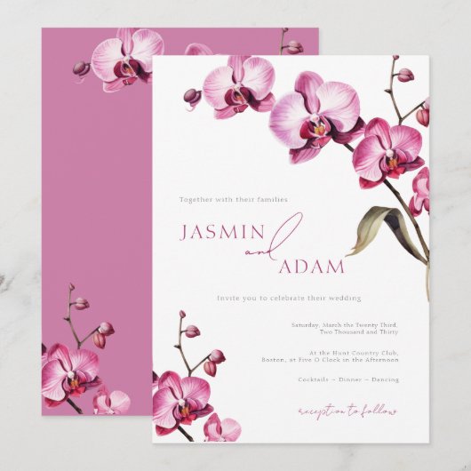 Elegante Roze Orchidee Huwelijk Kaart (Voorkant / Achterkant)