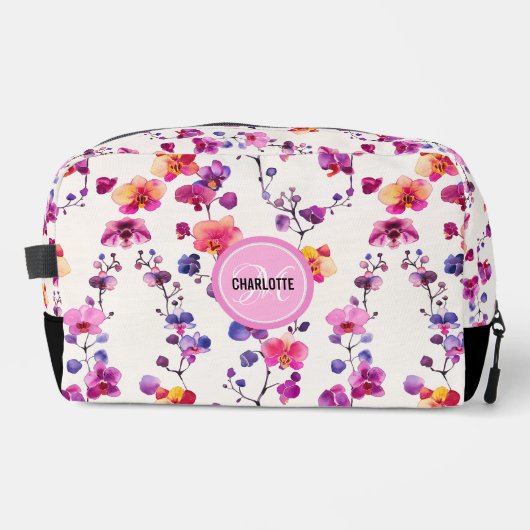 Elegante roze orchidee patroon monogram naam toilettasje (Voorkant)