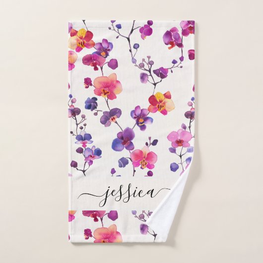 Elegante roze orchidee patroon script naam bad handdoek (Handdoek)