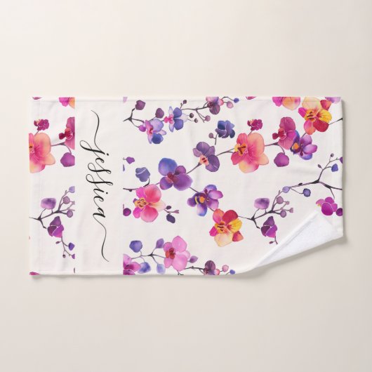 Elegante roze orchidee patroon script naam bad handdoek (Handdoek)