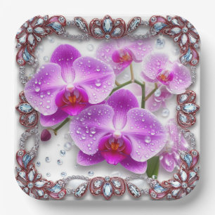 Elegante Roze Orchideeën Bloemen Papieren Bordje