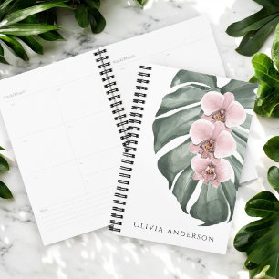 Elegante Roze Orchideeën Tropische Aquarel Bloemen Planner