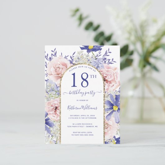 Elegante roze paarse 18e verjaardagsfeest uitnodig briefkaart (Staand voorkant)