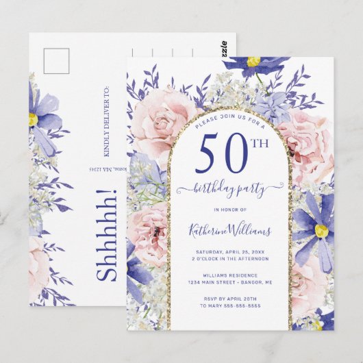 Elegante Roze Paarse 50ste Verjaardag Uitnodiging (Voorkant / Achterkant)