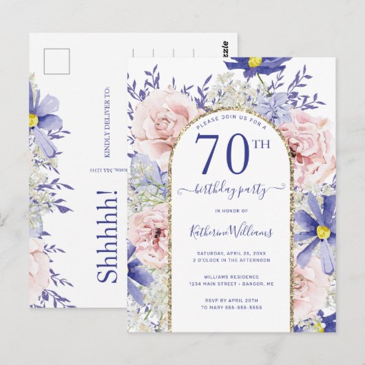 Elegante Roze Paarse 70ste verjaardag Uitnodiging (Voorkant / Achterkant)