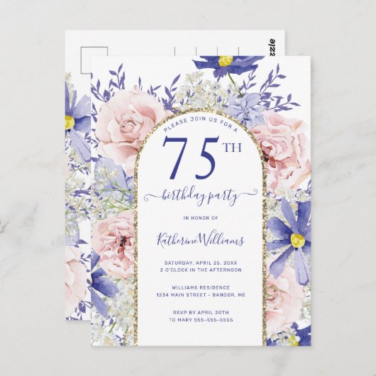 Elegante Roze Paarse 75ste verjaardag Uitnodiging (Voorkant / Achterkant)