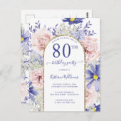 Elegante Roze Paarse 80ste Verjaardag Uitnodiging (Voorkant / Achterkant)