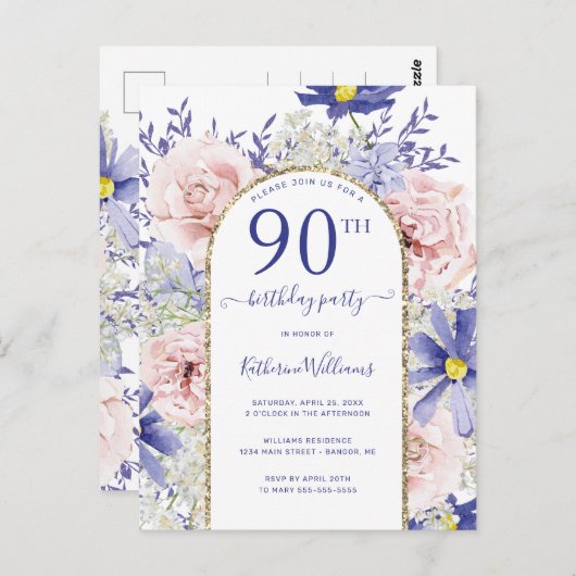 Elegante Roze Paarse 90ste Verjaardag Uitnodiging (Voorkant / Achterkant)