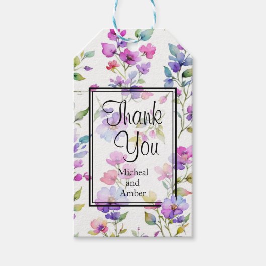 Elegante roze paarse aquarel veldbloemen cadeaulabel (Voorkant)