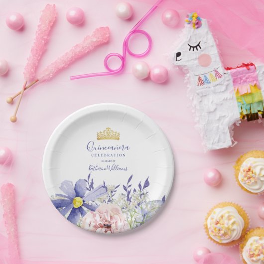 Elegante roze Paarse bloemen gouden kroon Quinceañ Papieren Bordje (Feest)