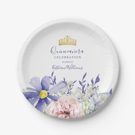 Elegante roze Paarse bloemen gouden kroon Quinceañ Papieren Bordje (Voorkant)