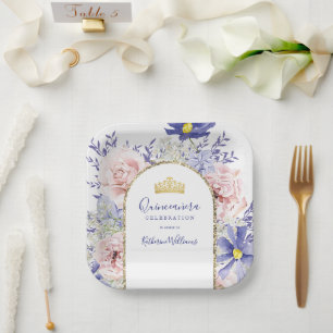 Elegante roze Paarse bloemen gouden kroon Quinceañ Papieren Bordje
