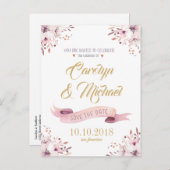 Elegante roze paarse bloemen opslaan de datum aankondigingskaart (Voorkant / Achterkant)