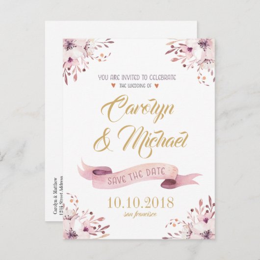 Elegante roze paarse bloemen opslaan de datum aankondigingskaart (Voorkant / Achterkant)