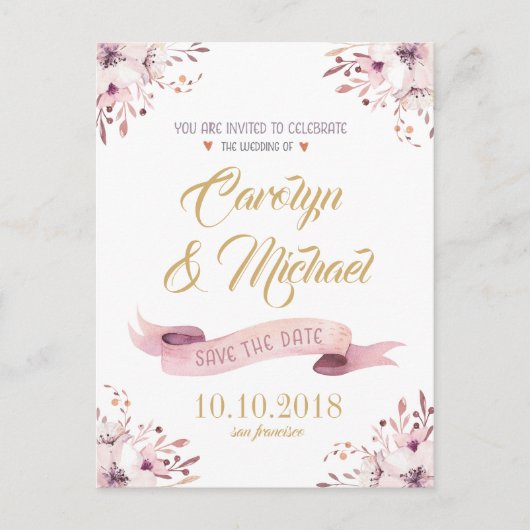 Elegante roze paarse bloemen opslaan de datum aankondigingskaart (Voorkant)