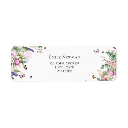 Elegante roze paarse bloemen & vlinders etiket (Voorkant)