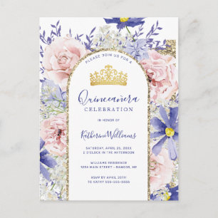 Elegante roze Paarse bloemengoud Tiara Quinceañera Briefkaart