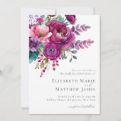 Elegante Roze Paarse Bloemige Waterverf Bruiloft m Kaart (Voorkant)