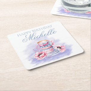 Elegante Roze Paarse Gelukkige Verjaardag Theepart Kartonnen Onderzetters