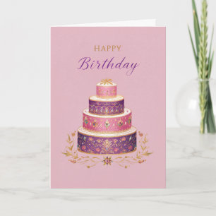 Elegante Roze, Paarse & Gouden Verjaardagstaart Kaart
