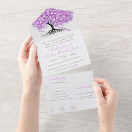 Elegante Roze-Paarse Hartblad Boom Bruiloft All In One Uitnodiging