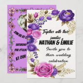 Elegante Roze paarse huwelijksuitnodiging Kaart (Voorkant / Achterkant)
