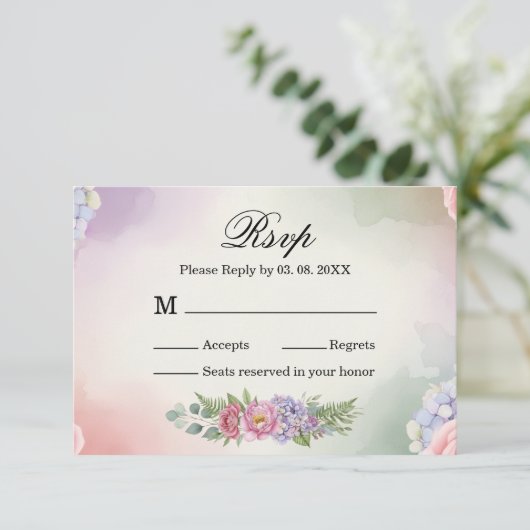 Elegante Roze Paarse Hydrangea Trouw Reactie RSVP Kaartje (Staand voorkant)