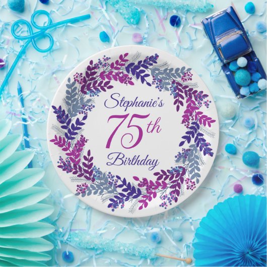 Elegante roze Paarse krans 75e verjaardag Papieren Bordje (Feest)