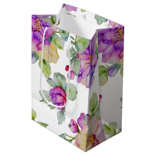 Elegante roze paarse waterverf bloemen medium cadeauzakje (Voorkant Gekanteld)
