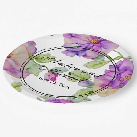 Elegante roze paarse waterverf bloemenbruiloft papieren bordje (Gekanteld)