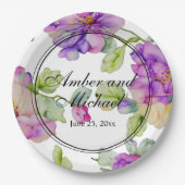 Elegante roze paarse waterverf bloemenbruiloft papieren bordje (Voorkant)