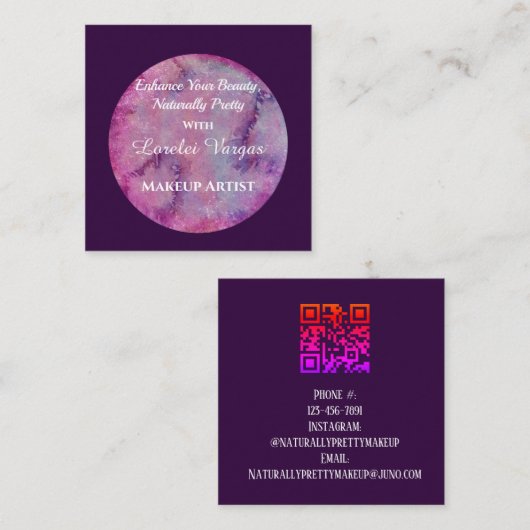 Elegante Roze Paarse Waterverf Make-up Artist & QR Vierkante Visitekaartje (Voorkant / Achterkant)