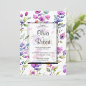 Elegante roze paarse waterverf wilde bloemen bruil kaart (Staand voorkant)