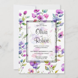 Elegante roze paarse waterverf wilde bloemen bruil kaart