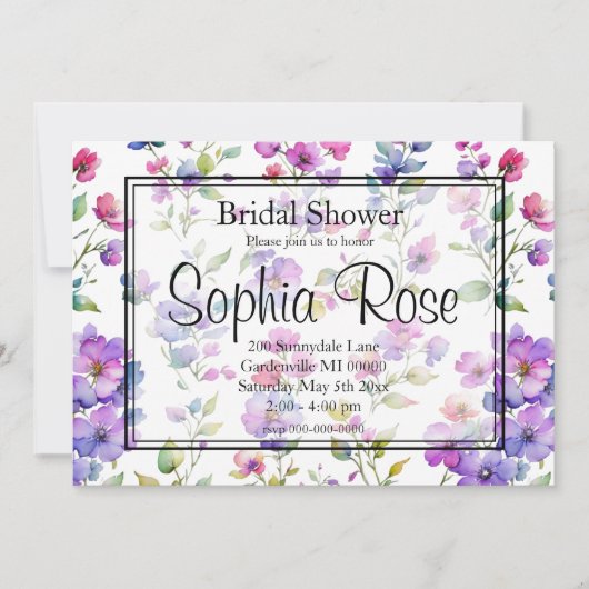 Elegante roze paarse waterverf wilde bloemen kaart (Voorkant)