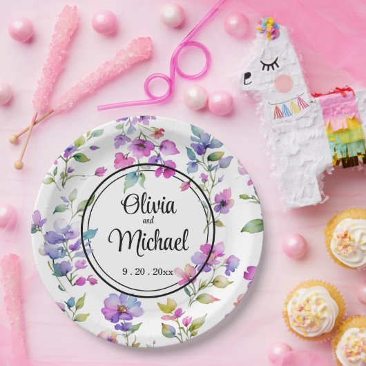 Elegante roze paarse waterverf wilde bloemen papieren bordje (Feest)