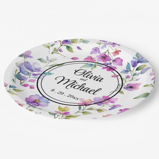 Elegante roze paarse waterverf wilde bloemen papieren bordje (Gekanteld)