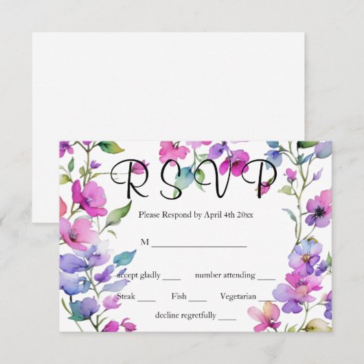 Elegante roze paarse waterverf wilde bloemen RSVP kaartje (Voorkant / Achterkant)