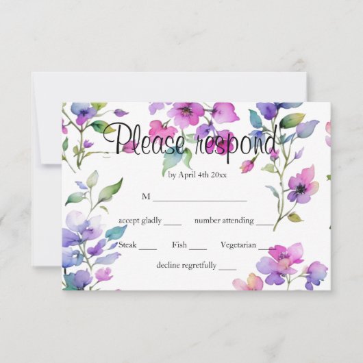 Elegante roze paarse waterverf wilde bloemen RSVP kaartje (Voorkant)