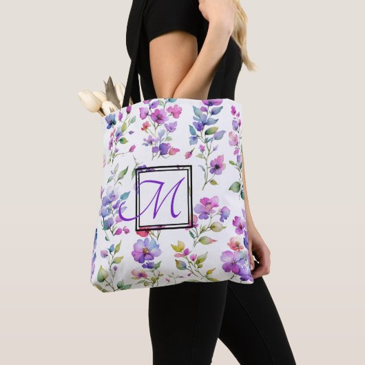 Elegante roze paarse waterverf wilde bloemen tote bag (Dichtbij)
