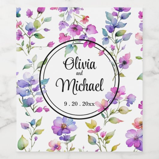Elegante roze paarse waterverf wilde bloemen wijn etiket (Enkel label)