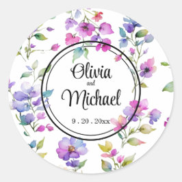 Elegante roze paarse waterverfveldbloemen ronde sticker