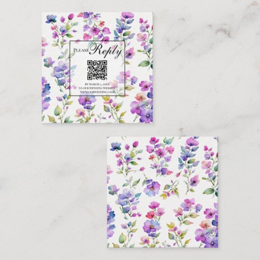 Elegante roze paarse wilde bloemen QR code RSVP Informatiekaartje (Voorkant / Achterkant)