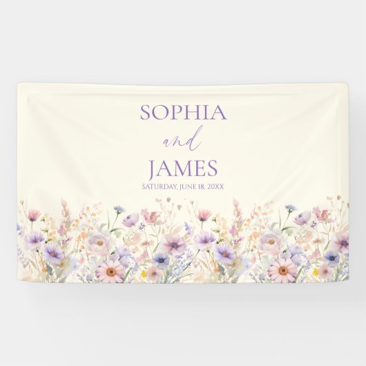 Elegante Roze Paarse Wilde Bloemen Weide Bruiloft Spandoek (Horizontaal)