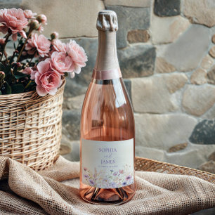 Elegante Roze Paarse Wilde Bloemenwei Huwelijk Sparkling Wijnetiket
