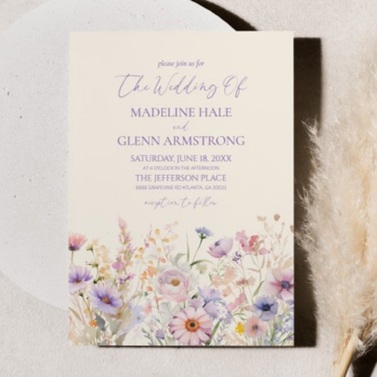 Elegante Roze Paarse Wildflower Meadow Wedding Kaart