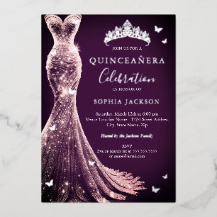 Elegante Roze Paarse Zilveren Vlinder Quinceanera Folie Uitnodiging